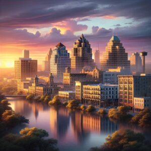 San Antonio cityscape sunrise.