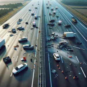 Highway collision aftermath aerial.