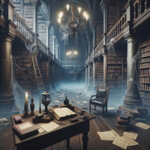 Haunted library interior.