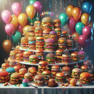 Colorful burger party celebration.