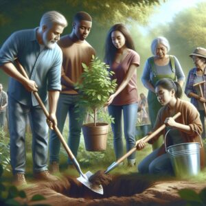 People planting trees together.