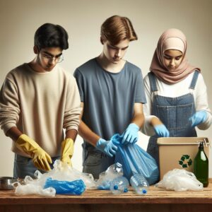 Teenagers recycling plastic bags.