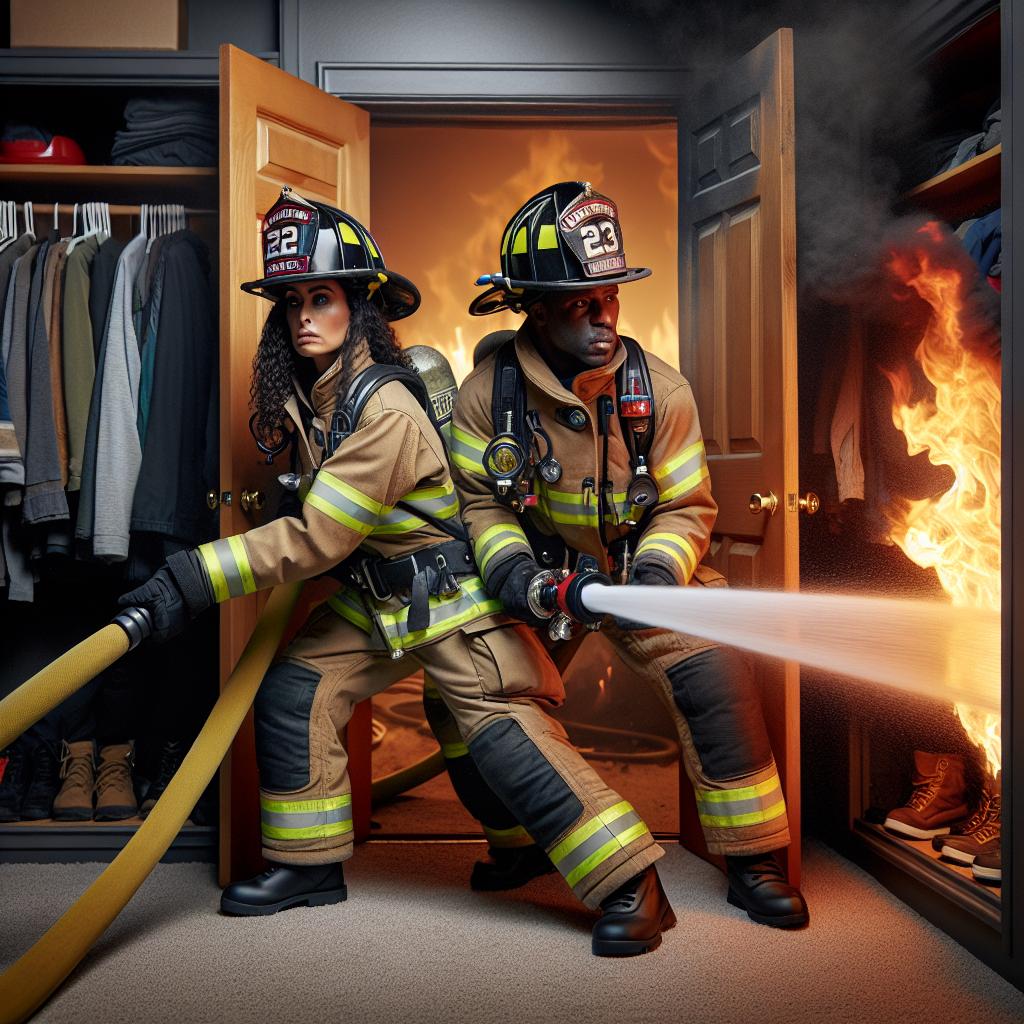 Firemen battling closet fire.