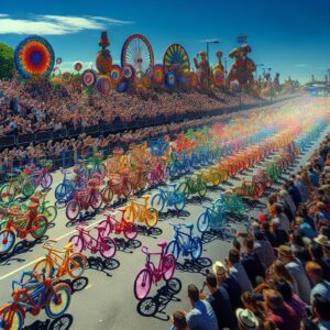 Colorful bikes in parade.