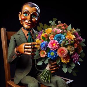 Ventriloquist dummy holding flowers.