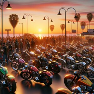 Motorcycle tribute gathering sunset.