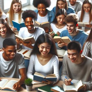 Diverse students studying happily.