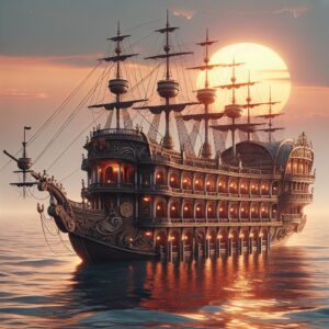 Opera pirate ship sunset.