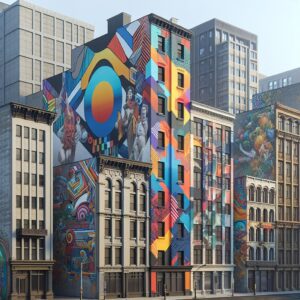 Colorful murals on buildings.