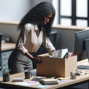 "Sad worker packing belongings"