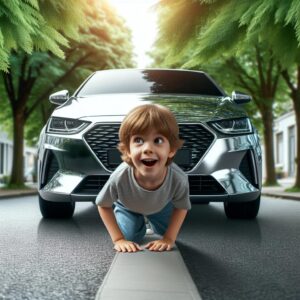 Child ducking behind car.