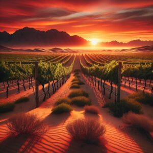 Desert vineyard sunset scene.