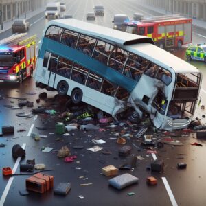 Double-decker bus accident aftermath.