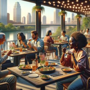 Riverwalk dining experience illustration.