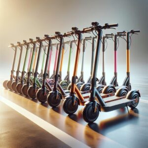 Electric scooters lined up.