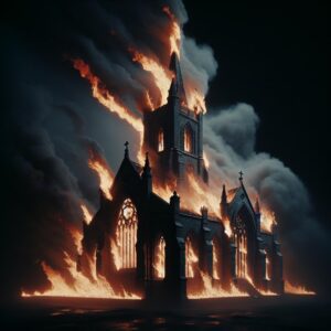 Church engulfed in flames.