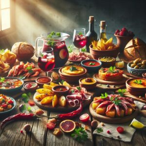 Spanish tapas delicacies display.