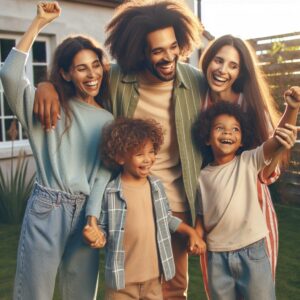 Family celebrating victory outside.