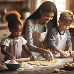 Mother and children baking