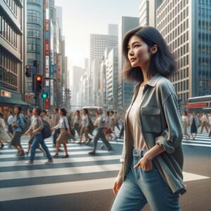 Woman crossing busy street.