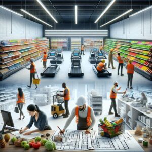 Supermarket renovation concept illustration.