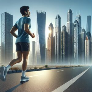 City skyline with runner.