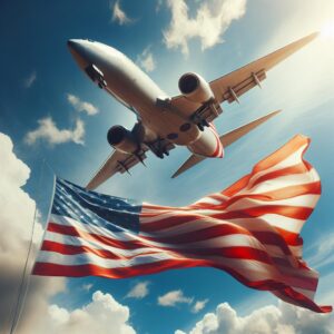 Airplane and American flag.