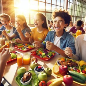 Students enjoying healthy meals.