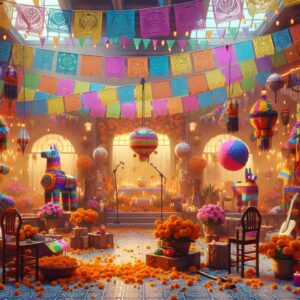 Fiesta decorations and music.