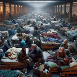 "Homeless shelter overcrowding illustration"