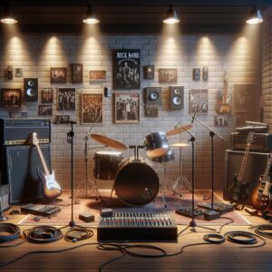 Rock band rehearsal studio.