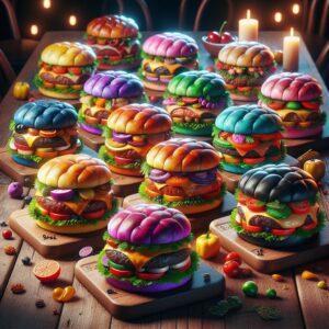 "Colorful burger feast display"