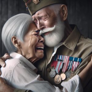 Elderly veteran emotional reunion.