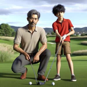 Father and son golfing.