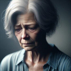 Grieving senior woman alone.