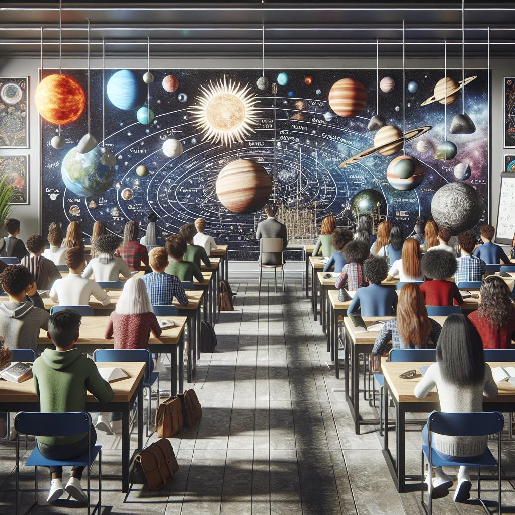 Space-themed classroom with students.