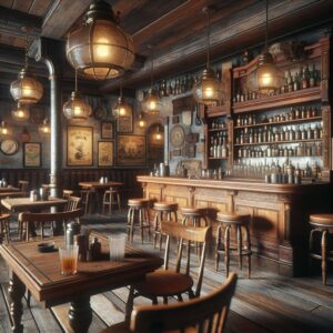 Empty rustic cantina interior.