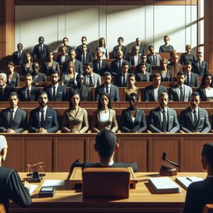 Courtroom drama illustration with jury