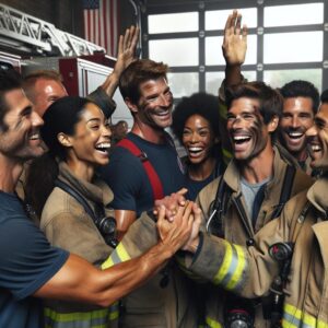 Firefighters celebrating victory together.