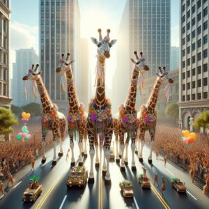 Giraffes in festive parade.