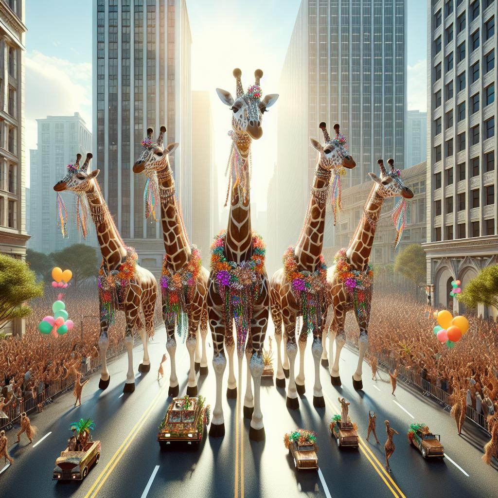 Giraffes in festive parade.