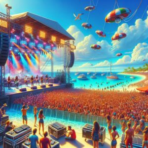 Vibrant beach concert scene.