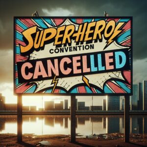 Superhero convention canceled sign