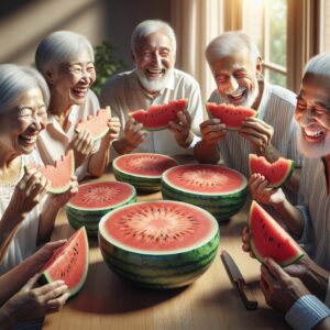 Elderly people enjoying watermelons