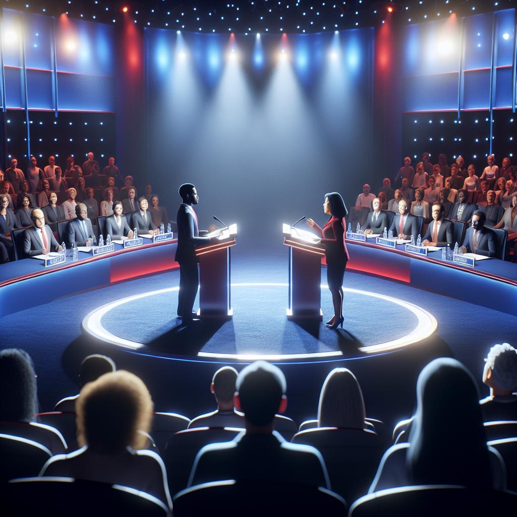 Debate stage confrontation illustration.