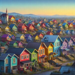 Colorful houses on horizon.