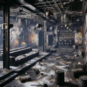 Fire-ravaged club interior.