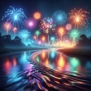 Fireworks display by river.
