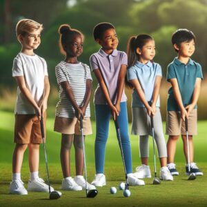 Children with golf clubs.