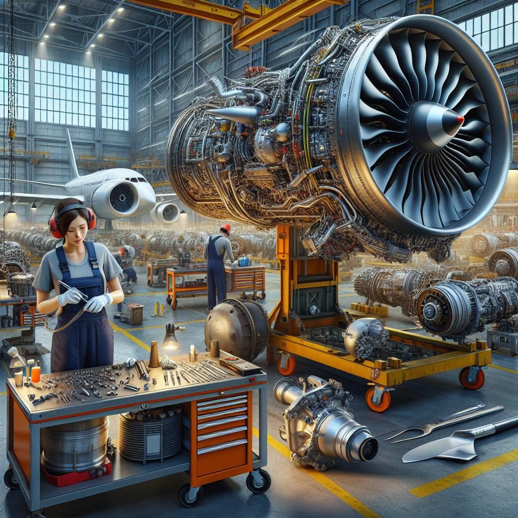 Airplane engine repair workshop.